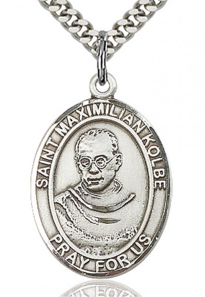 St. Maximilian Kolbe Medal, Sterling Silver, Large - 24&quot; 2.4mm Rhodium Plate Chain + Clasp