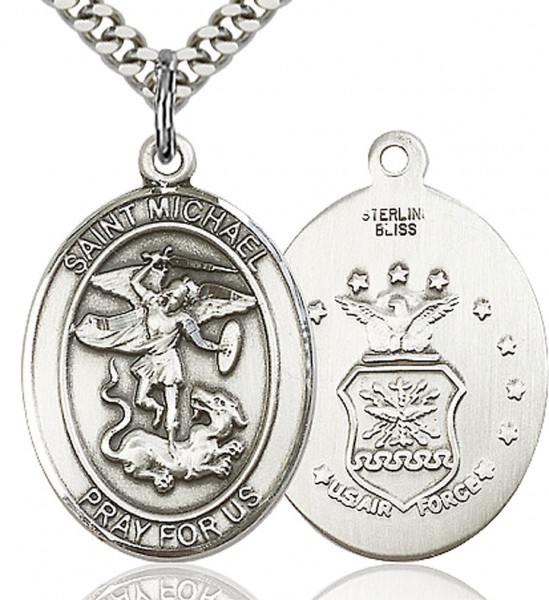 St. Michael Air Force Medal, Sterling Silver, Large - 24&quot; 2.2mm Sterling Silver Chain + Clasp