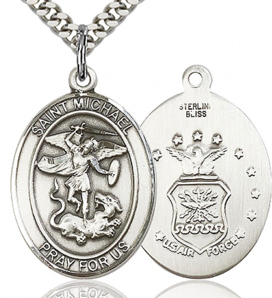 St. Michael Air Force Medal, Sterling Silver, Large - 24&quot; 2.2mm Sterling Silver Chain + Clasp