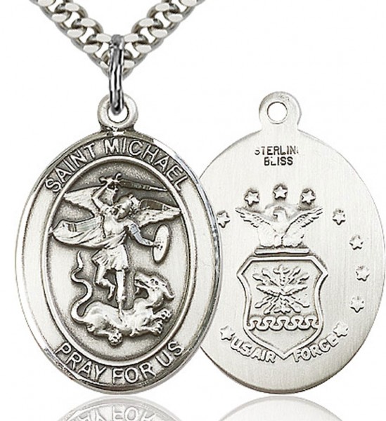 St. Michael Air Force Medal, Sterling Silver, Large - 24&quot; 2.4mm Rhodium Plate Chain + Clasp