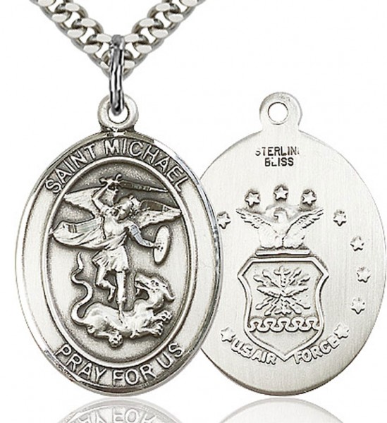 St. Michael Air Force Medal, Sterling Silver, Large - 24&quot; 2.4mm Rhodium Plate Endless Chain