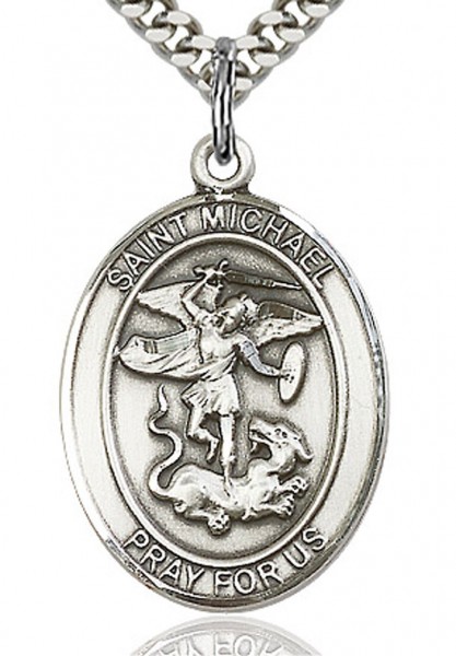 St. Michael the Archangel Medal, Sterling Silver, Large - 24&quot; 2.2mm Sterling Silver Chain + Clasp