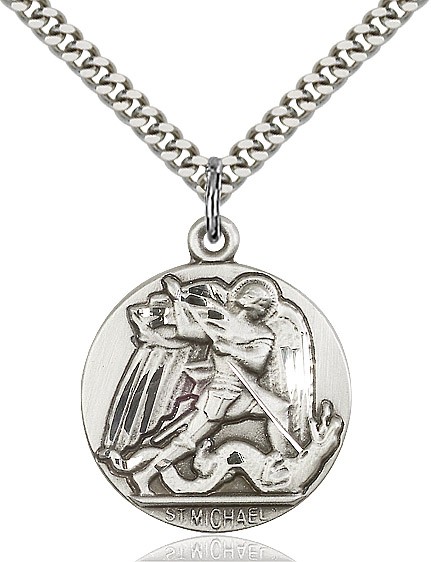 St. Michael the Archangel Medal, Sterling Silver - 24&quot; 2.2mm Sterling Silver Chain + Clasp