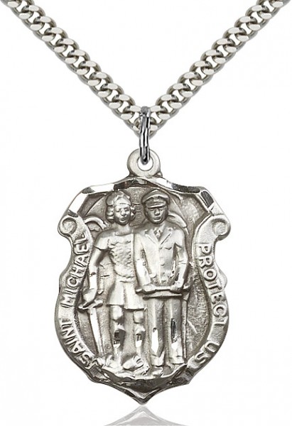 St. Michael the Archangel Medal, Sterling Silver - 24&quot; 2.2mm Sterling Silver Chain + Clasp