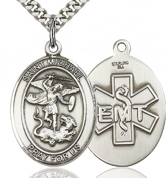 St. Michael EMT Medal, Sterling Silver, Large - 24&quot; 2.2mm Sterling Silver Chain + Clasp