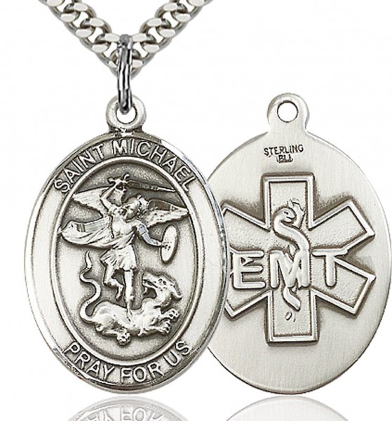 St. Michael EMT Medal, Sterling Silver, Large - 24&quot; 2.2mm Sterling Silver Chain + Clasp