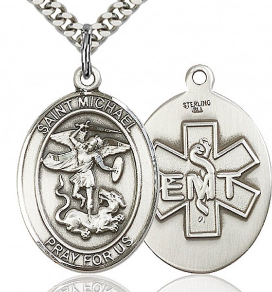 St. Michael EMT Medal, Sterling Silver, Large - 24&quot; 2.4mm Rhodium Plate Chain + Clasp