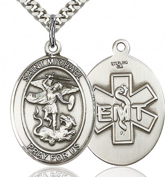 St. Michael EMT Medal, Sterling Silver, Large - 24&quot; 2.4mm Rhodium Plate Endless Chain