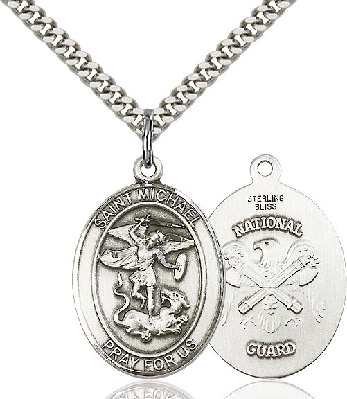 St. Michael National Guard Medal, Sterling Silver, Large - 24&quot; 2.2mm Sterling Silver Chain + Clasp