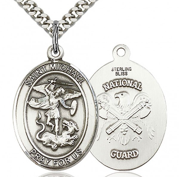 St. Michael National Guard Medal, Sterling Silver, Large - 24&quot; 2.4mm Rhodium Plate Chain + Clasp