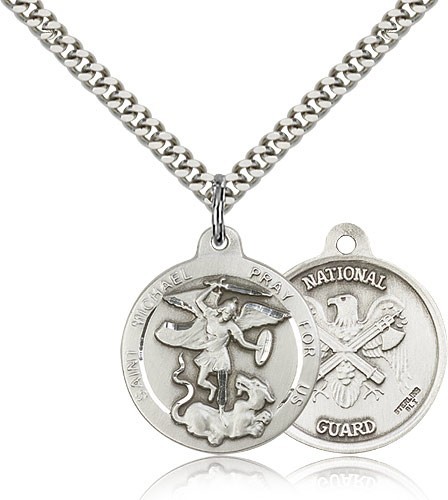 St. Michael National Guard Medal, Sterling Silver - 24&quot; 2.4mm Rhodium Plate Chain + Clasp