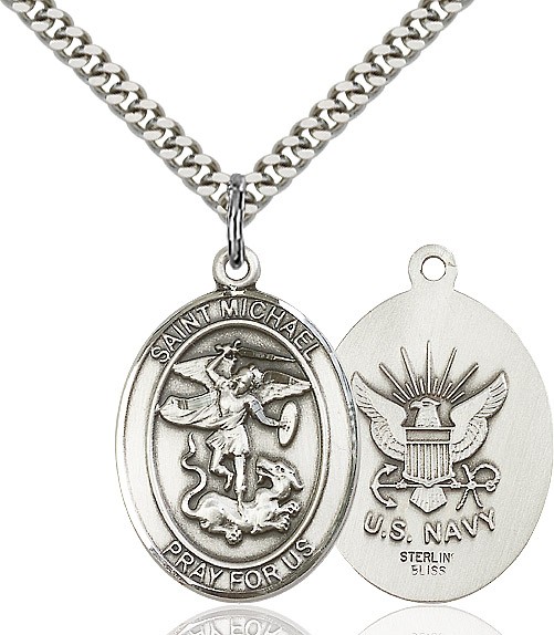 St. Michael Navy Medal, Sterling Silver, Large - 24&quot; 2.2mm Sterling Silver Chain + Clasp