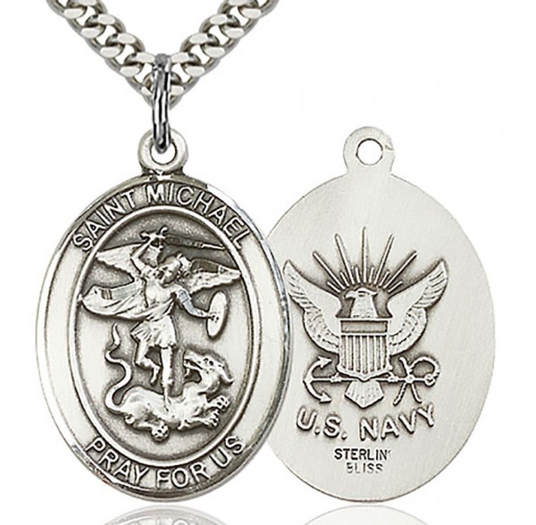 St. Michael Navy Medal, Sterling Silver, Large - 24&quot; 2.4mm Rhodium Plate Chain + Clasp