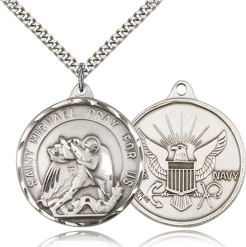 St. Michael Navy Medal, Sterling Silver - 24&quot; 2.4mm Rhodium Plate Chain + Clasp