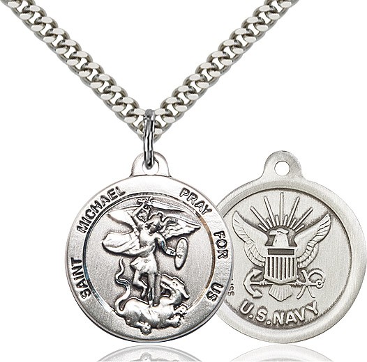St. Michael Navy Medal, Sterling Silver - 24&quot; 2.2mm Sterling Silver Chain + Clasp