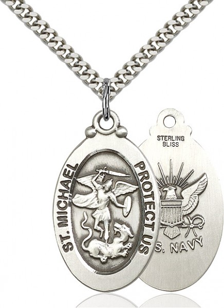 St. Michael Navy Medal, Sterling Silver - 24&quot; 2.2mm Sterling Silver Chain + Clasp