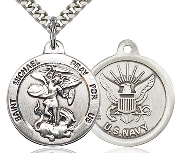 St. Michael Navy Medal, Sterling Silver - 24&quot; 2.4mm Rhodium Plate Endless Chain