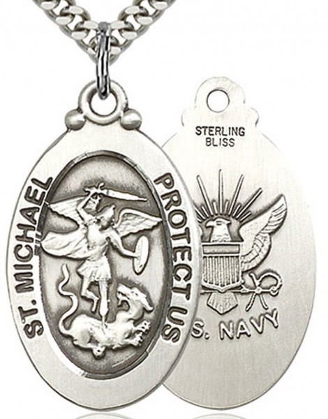 St. Michael Navy Medal, Sterling Silver - 24&quot; 2.4mm Rhodium Plate Endless Chain