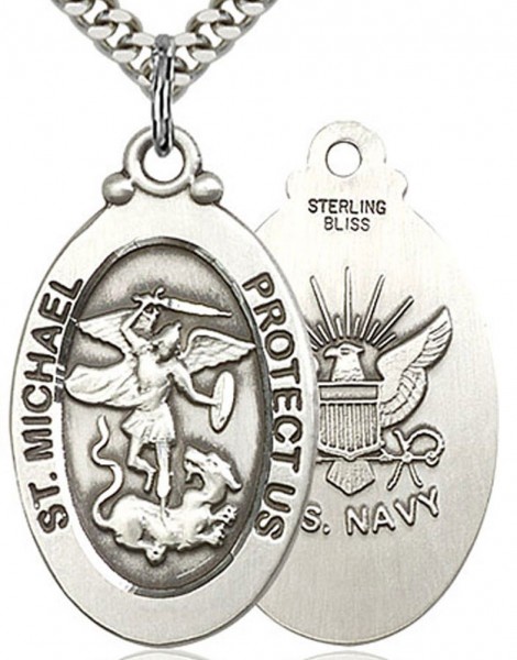 St. Michael Navy Medal, Sterling Silver - 24&rdquo; 1.7mm Sterling Silver Chain &amp; Clasp