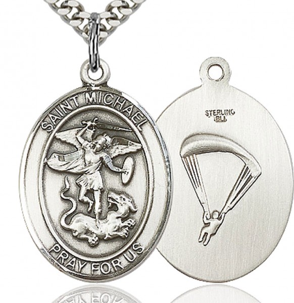 St. Michael Paratrooper Medal, Sterling Silver, Large - 24&quot; 2.2mm Sterling Silver Chain + Clasp