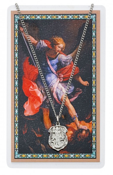 St. Michael Prayer Shield Pendant and Police Officer Prayer Card Set - Silver-tone