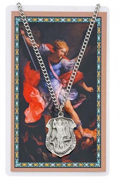 St. Michael Shield Pendant with Police Officer Prayer Card Set, Large - Silver-tone