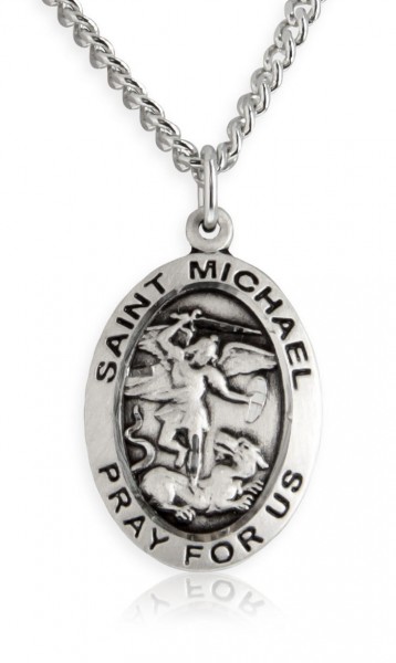 St. Michael the Archangel Medal, Sterling Silver - 24&quot; 2.2mm Sterling Silver Chain + Clasp