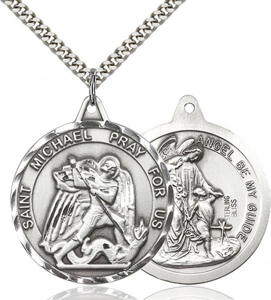 St. Michael the Archangel Medal, Sterling Silver - 24&quot; 2.4mm Rhodium Plate Endless Chain