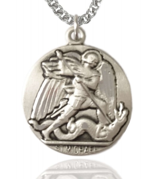 St. Michael the Archangel Medal, Sterling Silver - 24&quot; 2.4mm Rhodium Plate Endless Chain