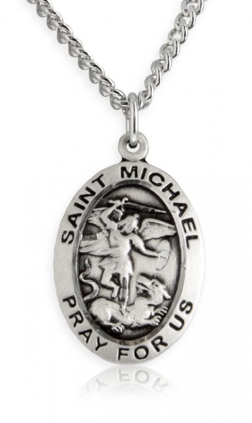 St. Michael the Archangel Medal, Sterling Silver - 24&quot; 2.4mm Rhodium Plate Chain + Clasp