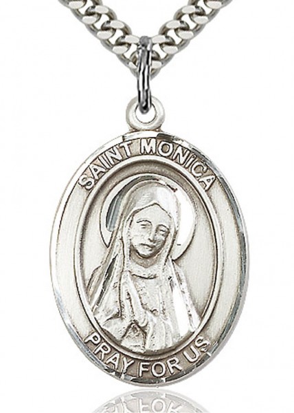 St. Monica Medal, Sterling Silver, Large - 24&quot; 2.2mm Sterling Silver Chain + Clasp