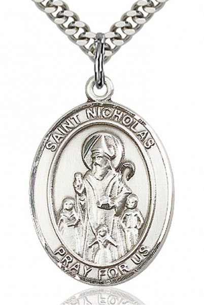St. Nicholas Medal, Sterling Silver, Large - 24&quot; 2.2mm Sterling Silver Chain + Clasp
