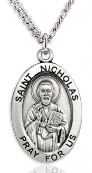 Men's St. Nicholas Necklace Oval Sterling Silver with Chain Options - 24&quot; 3mm Stainless Steel Endless Chain