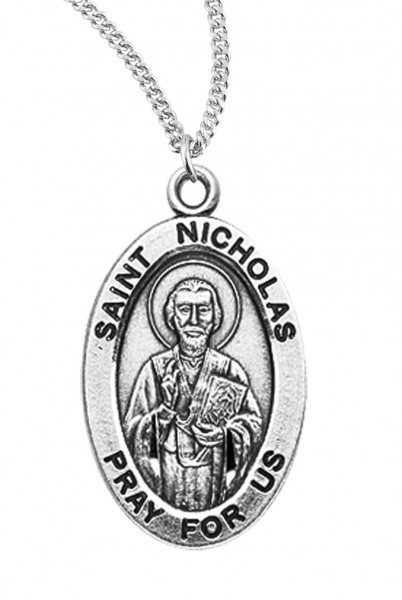 Boy's St. Nicholas Necklace Oval Sterling Silver with Chain - 20&quot; 2.2mm Stainless Steel Chain with Clasp