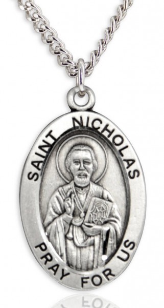 Men's St. Nicholas Necklace Oval Sterling Silver with Chain Options - 24&quot; 3mm Stainless Steel Chain + Clasp