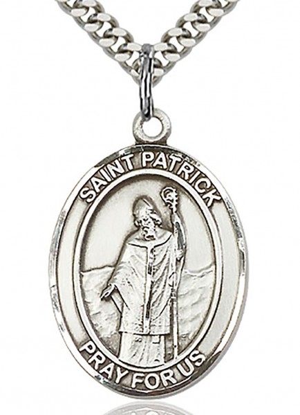 St. Patrick Medal, Sterling Silver, Large - 24&quot; 2.2mm Sterling Silver Chain + Clasp