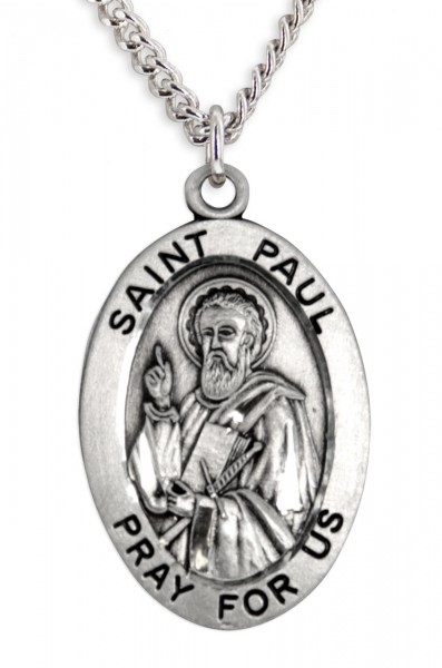 Men's St. Paul Necklace Oval Sterling Silver with Chain Options - 24&quot; 3mm Stainless Steel Chain + Clasp