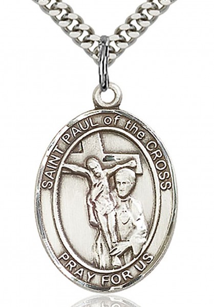 St. Paul of the Cross Medal, Sterling Silver, Large - 24&quot; 2.4mm Rhodium Plate Chain + Clasp