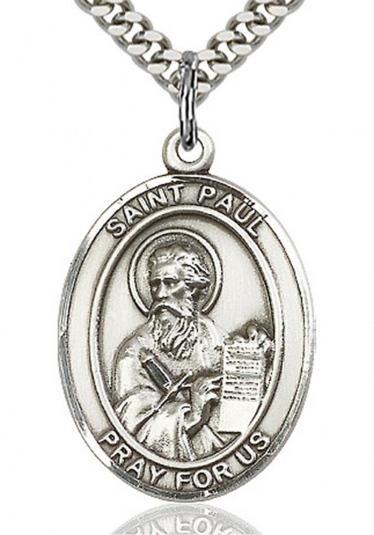 St. Paul the Apostle Medal, Sterling Silver, Large - 24&quot; 2.4mm Rhodium Plate Endless Chain