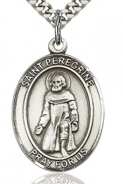 St. Peregrine Laziosi Medal, Sterling Silver, Large - 24&quot; 2.2mm Sterling Silver Chain + Clasp