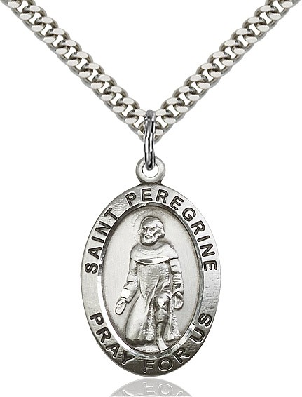 St. Peregrine Medal, Sterling Silver - 24&quot; 2.2mm Sterling Silver Chain + Clasp