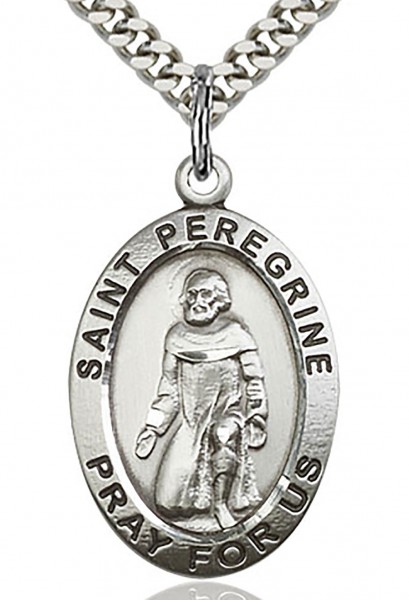 St. Peregrine Medal, Sterling Silver - 24&quot; 2.4mm Rhodium Plate Chain + Clasp