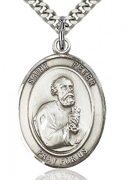 St. Peter the Apostle Medal, Sterling Silver, Large - 24&quot; 2.2mm Sterling Silver Chain + Clasp