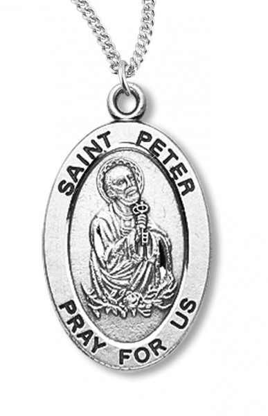 Boy's St. Peter Necklace Oval Sterling Silver with Chain - 20&quot; 2.2mm Stainless Steel Chain with Clasp