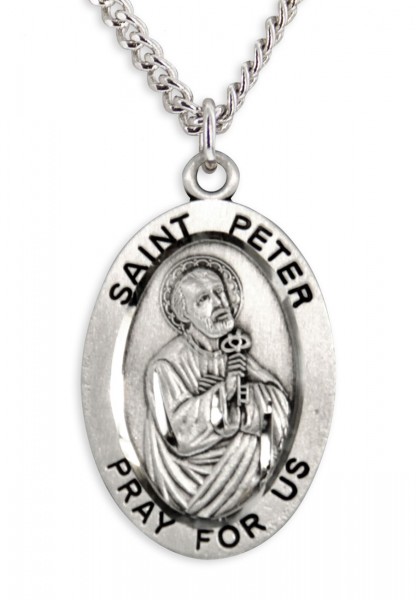 Men's St. Peter Necklace Oval Sterling Silver with Chain Options - 24&quot; Sterling Silver Chain + Clasp