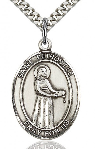 St. Petronille Medal, Sterling Silver, Large - 24&quot; 2.4mm Rhodium Plate Chain + Clasp