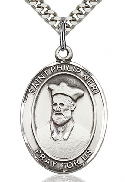 St. Philip Neri Medal, Sterling Silver, Large - 24&quot; 2.4mm Rhodium Plate Chain + Clasp