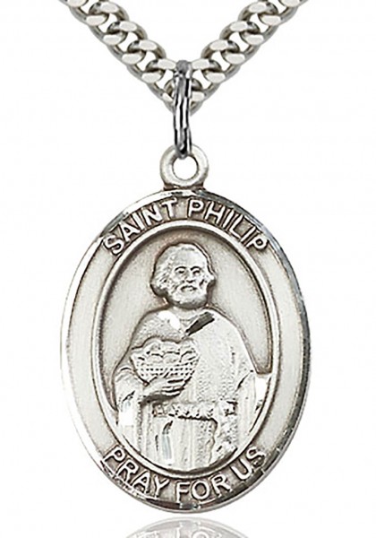 St. Philip the Apostle Medal, Sterling Silver, Large - 24&quot; 2.4mm Rhodium Plate Chain + Clasp