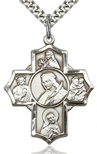 St. Philomena, St. Theresa, St. Rita, St. Anthony, St. Jude Medal, Sterling Silver - 24&quot; 2.4mm Rhodium Plate Chain + Clasp