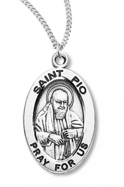 Boy's St. Pio Necklace Oval Sterling Silver with Chain - 20&quot; 2.2mm Stainless Steel Chain with Clasp